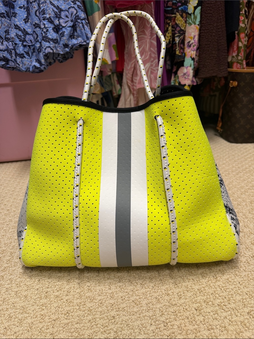 Parker & Hyde Neoprene Tote Bag in Neon Yellow with Stripe